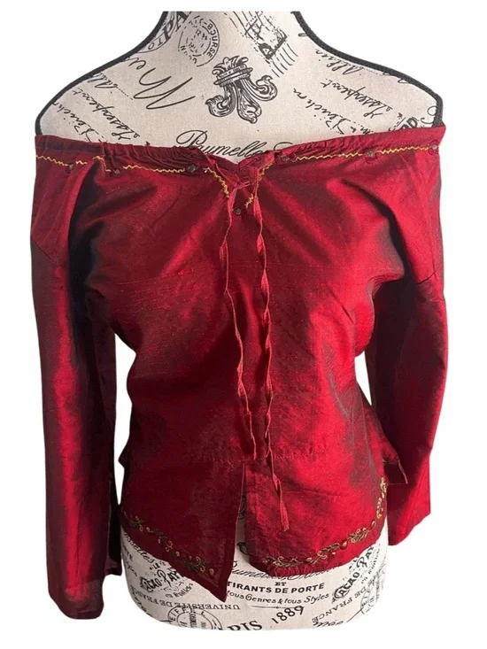 Y2K Red Boho Peasant Top Fairy Grunge Tie Front Off Shoulder Blouse India Size L - Picture 2 of 8